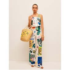 Graphic Print Crop Top With Wide-Leg Pants Set