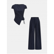 Pinstripe Wrap Tie Top & Pants Set