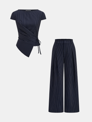 Pinstripe Wrap Tie Top & Pants Set