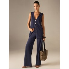 Golden Button Knit Vest Pants Set