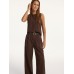 Pinstripe Sleeveless Top and Pants Set with Belt