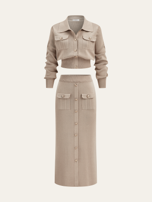 Metal Button Collared Cardigan and Midi Skirt Set